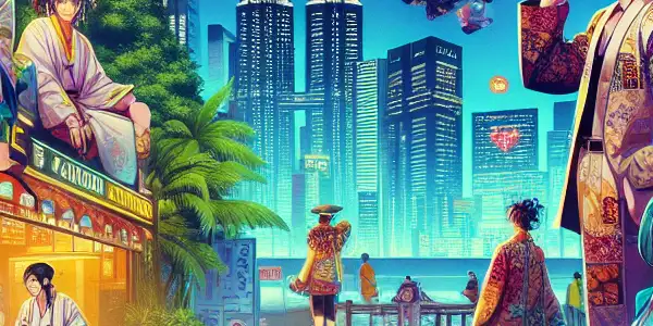 A vibrant futuristic gaming environment featuring animated characters, a tropical island, and a neon-lit Tokyo backdrop.