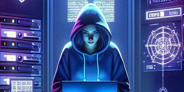 A person in a hooded sweatshirt uses a laptop in a high-tech room symbolizing privacy and security in adult content.