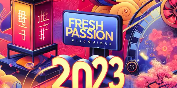 Promotional poster for "Fresh Passion Discounts 2023" featuring vibrant colors, Japanese aesthetics, and bold text.
