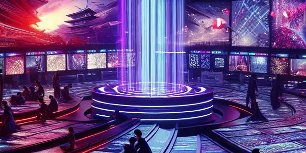 A futuristic digital library showcasing adult entertainment with vibrant screens, engaging users, and a blend of Japanese aesthetics.