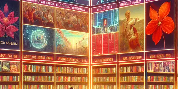 A vibrant virtual library showcasing diverse adult film genres with engaging users and modern digital interfaces.