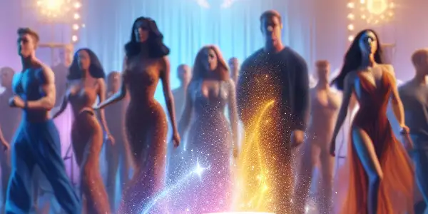 A vibrant film set scene featuring diverse actors, enhancement products, and a focus on passion and safety in adult films.