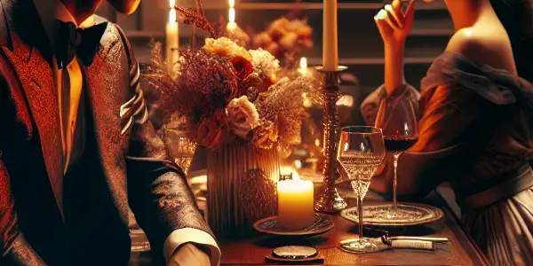 A romantic, dimly lit room with two characters engaged in a passionate conversation at a candlelit table for two.