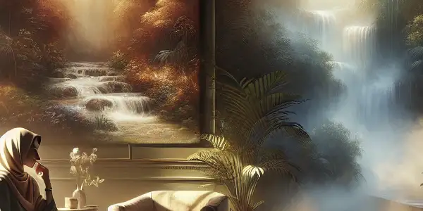 A confident mature woman engages in conversation in a sophisticated office and enjoys a tranquil moment in a hot spring.