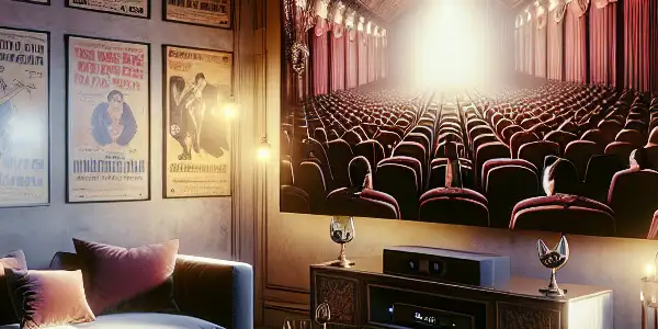 A luxurious lounge featuring vintage adult film posters, a flat-screen TV, and elegant decor for a sophisticated atmosphere.