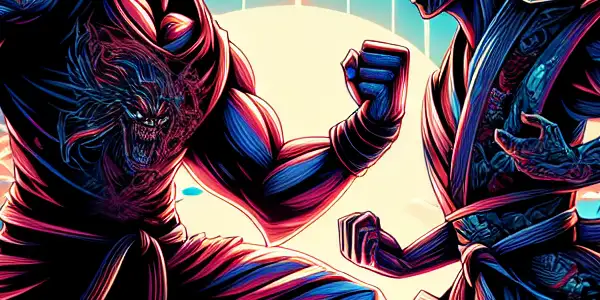 A dramatic showdown between two iconic fighters in a neon-lit urban environment, showcasing martial arts and allure.