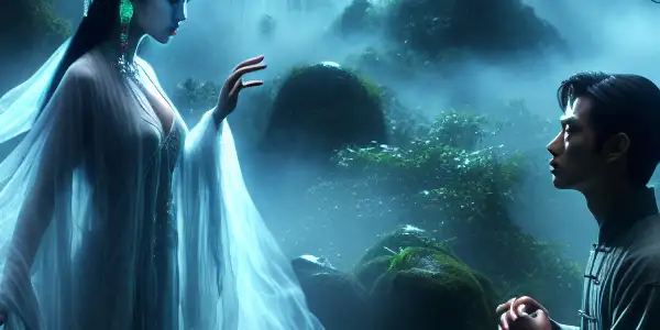 A ghostly woman in a flowing gown and a scholar share an intense gaze in a misty forest.