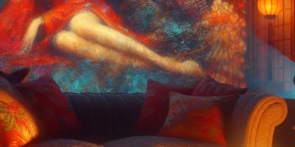 A cozy, dimly-lit room with a vintage projector, plush sofa, and hints of Japanese culture, evoking exploration in adult entertainment.