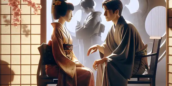 A traditional Japanese room with two elegantly dressed characters engaged in a tense conversation, hinting at deeper themes.
