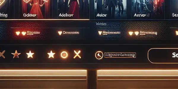 A modern AV movie website interface displayed on a computer screen in a cozy, inviting room.