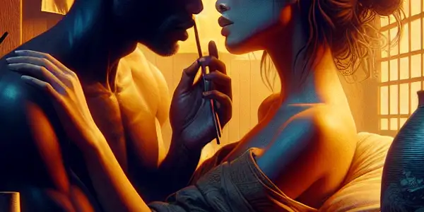 A passionate moment between two characters in a cozy, dimly lit room adorned with Japanese decor, hinting at forbidden love.