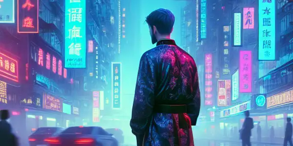 A young adult in traditional and modern attire stands at a bustling city intersection, reflecting cultural contrasts at dusk.