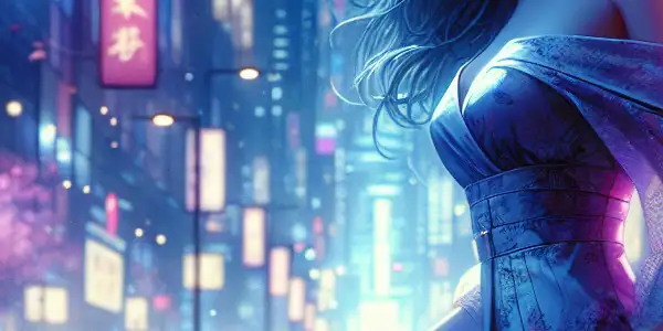 A confident woman in a flowing dress explores a vibrant, neon-lit cityscape, embodying romance and adventure.