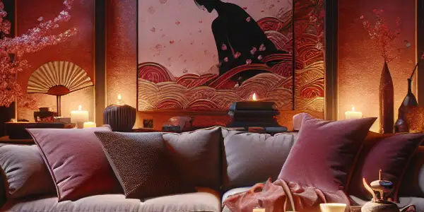 A cozy, dimly lit room with a plush sofa, cherry blossoms, and a large screen hinting at romance.