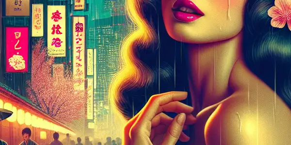 A vintage poster featuring a charismatic actress in a nostalgic Tokyo setting with cherry blossoms and neon lights.